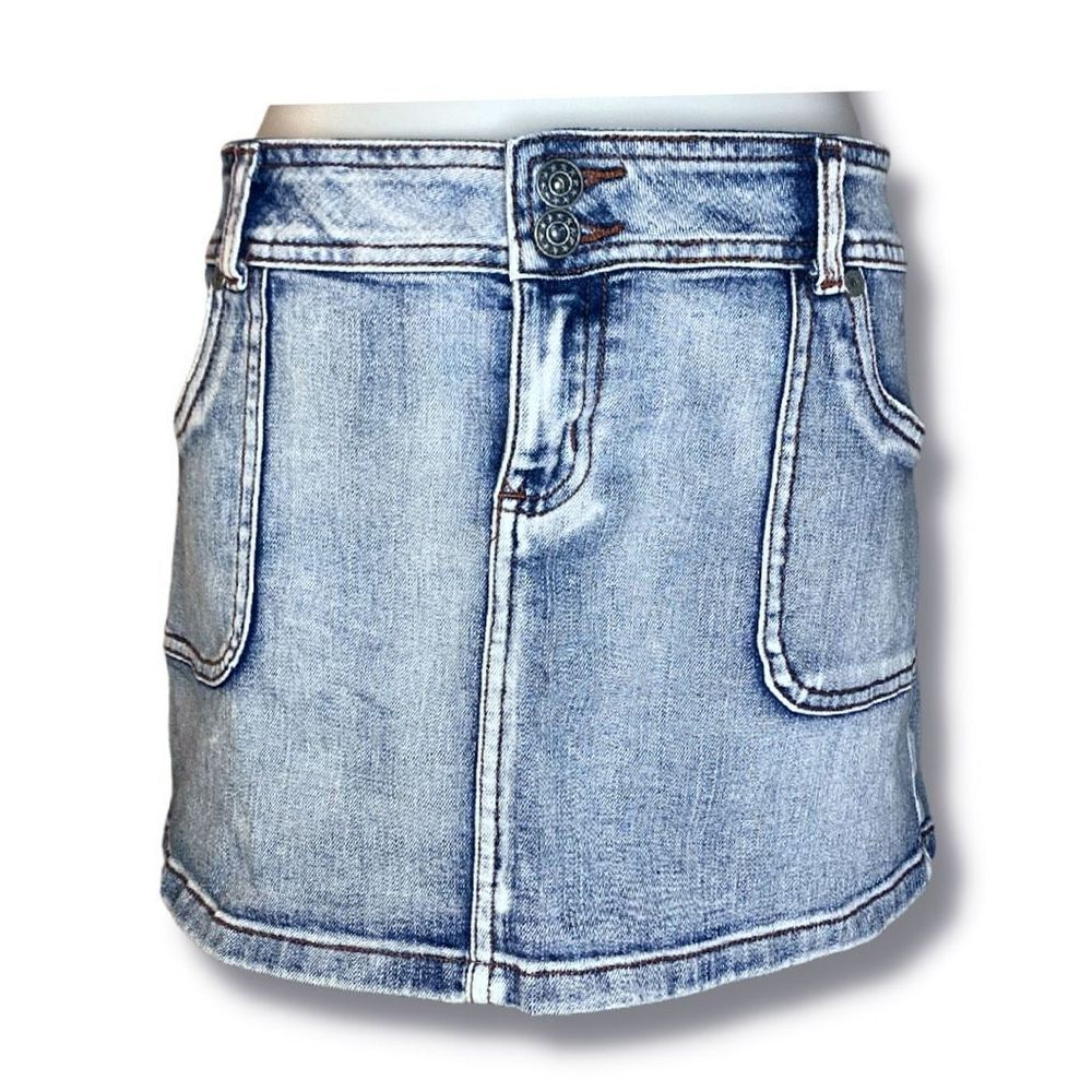 Pimkie Womens Mini Skirt A-Line Double Button Mid Rise Denim Light Blue Size 40